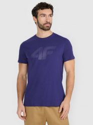 4F T-shirt regular z nadrukiem męski - granatowy L. Niebieskie t-shirty męskie 4f, l, bez wzorów, z bawełny, bez kołnierzyka. W wyprzedaży za 39.99 zł.