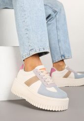 Beżowo-Niebieskie Sneakersy Typu Tenisówki na Żłobionej Platformie Lorreia. Brązowe trampki i tenisówki damskie Renee, bez wzorów, z jeansu. Za 89.99 zł.