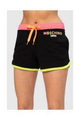 MOSCHINO Czarne szorty damskie z neonowym logo, Rozmiar XS. Czarne szorty damskie MOSCHINO, bez wzorów, z bawełny. W wyprzedaży za 285.99 zł.