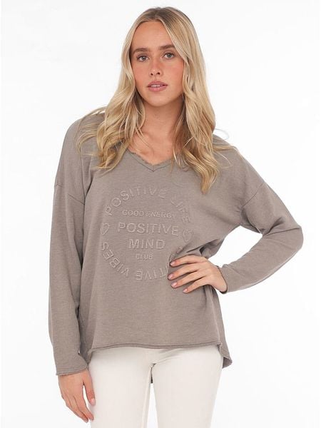Zwillingsherz Sweter "Positive Mind" w kolorze szarobrązowym rozmiar: S/M. Brązowe swetry klasyczne damskie Zwillingsherz, m, z bawełny, bez kołnierzyka. Za 139.95 zł.