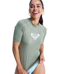 Koszulka damska z lycry OIL GREEN z krótkim rękawem. Zielone bikini damskie Roxy, bez wzorów. Za 129.99 zł.