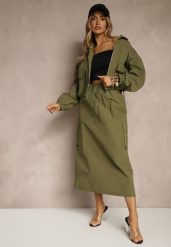 Zielony Komplet z Bawełną Spódnica i Rozpinana Bluza Evorea. Zielone bluzy bez kaptura damskie Renee, l, z bawełny. Za 249.99 zł.