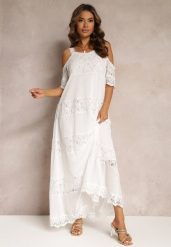Biała Maxi Sukienka Na Ramiączkach z Wycięciami o Trapezowym Fasonie Mahkai. Białe sukienki damskie Renee, bez wzorów, z bawełny, boho, bez kołnierzyka, bez ramiączek, maxi, trapezowe. Za 179.99 zł.
