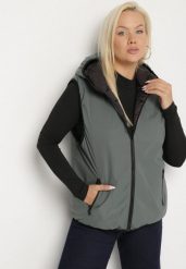 Zielona Dwustronna Kamizelka z Kapturem Zdobiona Pikowanymi Przeszyciami Tuliona. Zielone kamizelki damskie Born2be, plus size, z jeansu. Za 119.99 zł.