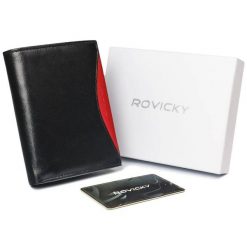Portfel czarny z czerwonym elementem Rovicky 1541-03-BOR-1287 BLA. Czarne portfele męskie ROVICKY, bez wzorów, ze skóry. Za 71.99 zł.
