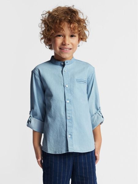 Mayoral Koszula 3125 Niebieski Regular Fit. Niebieskie koszule chłopięce Mayoral, bez wzorów, z bawełny, bez kołnierzyka, bez ramiączek. Za 79.99 zł.