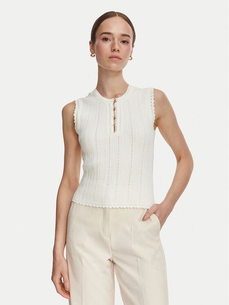 Guess Bluzka W6YR24 Z0970 Biały Regular Fit. Białe bluzki damskie Guess, s, z aplikacjami, z syntetyku, bez kołnierzyka, bez ramiączek. Za 344.99 zł.