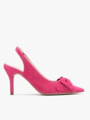 Czółenka typu slingback w kolorze fuksji. Fioletowe czółenka damskie Brawo sp. z o.o., bez wzorów, z gumy, bez obcasa, na szpilce. Za 399.99 zł.