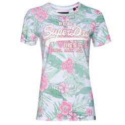 Koszulka turystyczna damska Superdry Vintage Logo Tropical t-shirt. Białe bluzki sportowe damskie Superdry., z bawełny, bez kołnierzyka, bez ramiączek. W wyprzedaży za 80.00 zł.