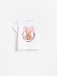 T-shirt z nadrukiem i aplikacją - złamana biel. Koszulki dziewczęce Reserved, m, z aplikacjami, z bawełny, bez ramiączek. Za 35.99 zł.