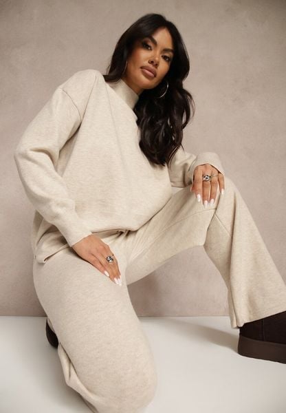 Jasnobeżowy Komplet Dzianinowy z Wełną i Bawełną Sweter Golf i Szerokie Spodnie Reipella. Brązowe spodnie materiałowe damskie Renee, bez wzorów, z bawełny, eleganckie. Za 129.99 zł.