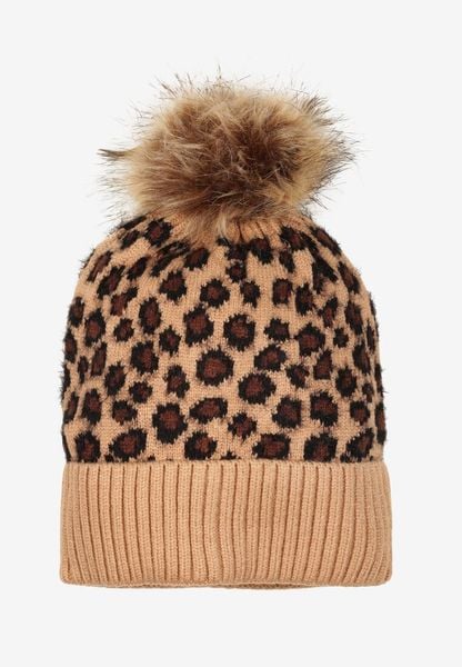 Beżowa Czapka w Panterkę z Pomponem i Wywinięciem Tamarae. Brązowe czapki zimowe damskie Born2be. Za 34.99 zł.