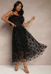 Czarna Rozkloszowana Spódnica Tiulowa Zdobiona Welurowym Printem w Kwiaty Folisena. Czarne spódniczki damskie Renee, l, z aplikacjami, z materiału, eleganckie, midi, oversize. Za 79.99 zł.