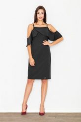 Elegancka Czarna Sukienka Mini z Falbanką przy Dekolcie. Czarne sukienki damskie Figl, na imprezę, m, bez wzorów, z materiału, eleganckie, bez kołnierzyka, bez ramiączek, mini. Za 269.00 zł.