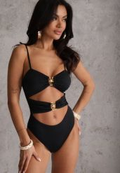 Czarny Jednoczęściowy Strój Kąpielowy Na Cienkich Ramiączkach ze Złotymi Ozdobami i Wycięciami Nonanoe. Czarne stroje jednoczęściowe damskie Renee, l, bez wzorów, plus size. Za 109.99 zł.