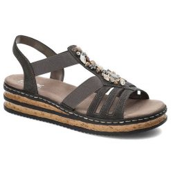 Szare Sandały Rieker Wygodne Buty Damskie. Szare sandały damskie Rieker, bez wzorów, ze skóry ekologicznej, bez obcasa, na koturnie. Za 239.00 zł.