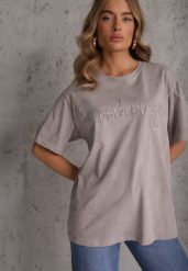 Szary Oversizowy T-shirt z Bawełny Zdobiony Haftem z Cekinami Marivia. Szare t-shirty damskie Renee, l, z aplikacjami, z bawełny, bez kołnierzyka. Za 69.99 zł.