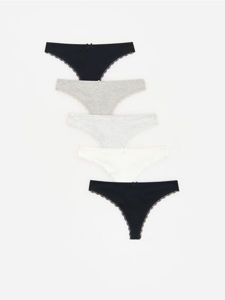 Bawełniane majtki typu stringi 5 pack - szary. Szare stringi damskie Reserved, l, bez wzorów, z bawełny. Za 79.99 zł.
