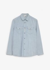 Koszula jeansowa w paski, z czystej bawełny. Niebieskie koszule męskie bonprix, m, bez wzorów, z bawełny, bez kołnierzyka, bez ramiączek. Za 119.99 zł.