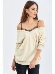 Milan Kiss Sweter w kolorze beżowym rozmiar: L. Brązowe swetry klasyczne damskie Milan Kiss, l, z koronki, bez kołnierzyka. Za 70.41 zł.