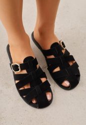 Czarne Klapki z Paskami w Stylu Gladiatorek z Klamerką Lorianatea. Czarne klapki damskie Born2be, bez wzorów, z jeansu, bez obcasa, na płaskiej podeszwie. Za 69.99 zł.