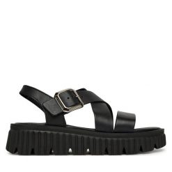 Sandały Tamaris. Czarne sandały damskie Tamaris, bez wzorów, bez obcasa, na koturnie. Za 359.99 zł.