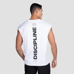 Koszulka męska fitness bez rękawów biała Discipline. Białe t-shirty sportowe męskie GYMBEAM, m, z bawełny, bez ramiączek, na fitness i siłownię. Za 80.90 zł.
