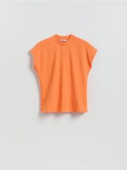 T-shirt z raglanowym rękawem - pomarańczowy. Brązowe t-shirty damskie Reserved, l, bez wzorów, z bawełny, bez kołnierzyka. Za 79.99 zł.