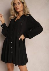 Czarna Rozkloszowana Sukienka Koszulowa Mini w Stylu Boho Binessa. Czarne sukienki damskie Renee, l, bez wzorów, boho, bez kołnierzyka, bez ramiączek, mini, koszulowe. W wyprzedaży za 83.99 zł.