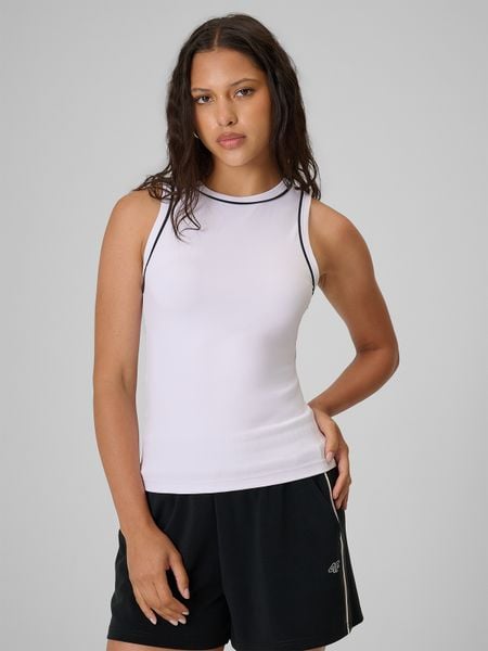 4F Top slim gładki damski - biały XS. Białe topy damskie 4f, xs, bez wzorów, z dzianiny, bez ramiączek. Za 59.99 zł.