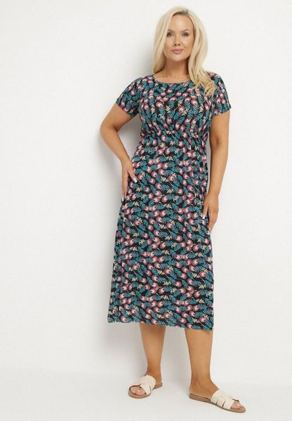 Czarno-Niebieska Rozkloszowana Sukienka z Gumką w Talii we Wzór Pawich Oczek Duilla. Czarne sukienki damskie Born2be, na lato, plus size, bez wzorów, bez kołnierzyka, plus size, bez ramiączek, midi, rozkloszowane. Za 49.99 zł.