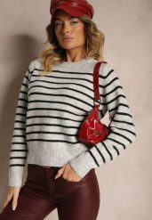 Jasnoszary Casualowy Sweter w Paski o Prostym Kroju Riavelleth. Szare swetry klasyczne damskie Renee, z jeansu, bez kołnierzyka. Za 129.99 zł.