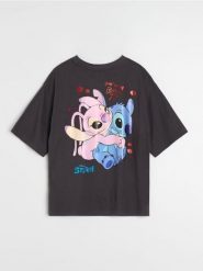 Bawełniana koszulka z krótkim rękawem Lilo & Stitch - szary. Szare t-shirty damskie Sinsay, l, bez wzorów, z bawełny, bez kołnierzyka. Za 25.99 zł.