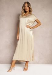 Beżowa Casualowa Sukienka z Wiskozy Oversize o Pudełkowym Kroju Morarose. Brązowe sukienki damskie Renee, na lato, bez wzorów, z materiału, bez kołnierzyka, bez ramiączek, midi, oversize. W wyprzedaży za 143.99 zł.