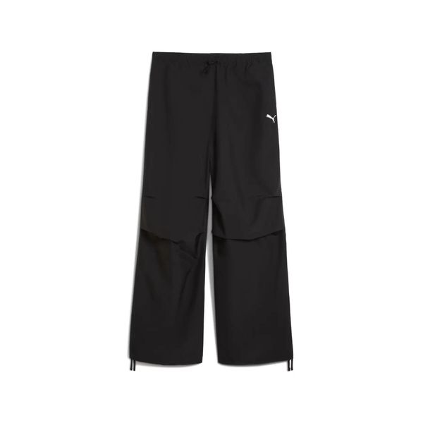 Spodnie cargo typu parachute damskie Puma Wardrobe Essential. Czarne spodnie materiałowe damskie Puma, bez wzorów, eleganckie. Za 287.50 zł.