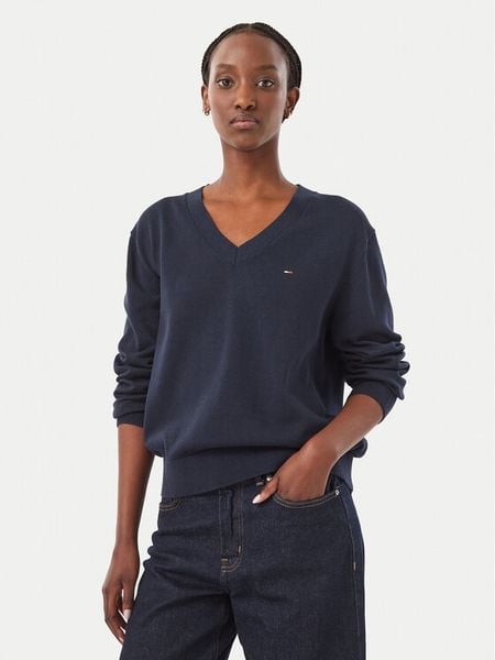 Tommy Jeans Sweter Essential DW0DW23362 Granatowy Regular Fit. Niebieskie swetry klasyczne damskie Tommy Jeans, xxs, z bawełny, bez kołnierzyka. Za 369.99 zł.