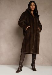 Brązowy Futrzany Płaszcz z Kapturem Zdobiony Pionowym Wzorem Elrinrahne. Brązowe płaszcze damskie Renee, l, z aplikacjami, z futra, klasyczne. Za 339.99 zł.