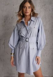 Niebieska Koszulowa Sukienka z Bawełny z Paskiem w Stylu Soft Utility Effiara. Niebieskie sukienki damskie Renee, l, bez wzorów, z bawełny, bez kołnierzyka, bez ramiączek, mini, koszulowe. Za 149.99 zł.