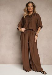 Brązowy Komplet z Wiskozy o Kroju Oversize Koszula i Spodnie Dovaraella. Brązowe koszule damskie Renee, bez wzorów, z materiału, casualowe. Za 109.99 zł.