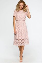 Sukienka na wesele koronkowa rozkloszowana pudrowy róż. Czerwone sukienki damskie MOE, na imprezę, xxl, bez wzorów, z koronki, eleganckie, bez kołnierzyka, bez ramiączek, rozkloszowane. Za 389.00 zł.
