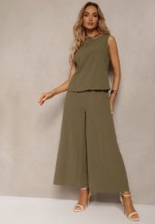 Ciemnozielony Komplet z Bawełny Spodnie Culottes i Luźny Top Tinelia. Zielone spodnie materiałowe damskie Renee, z aplikacjami, z bawełny. Za 54.99 zł.