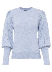 Sweter w ażurowy wzór. Niebieskie swetry klasyczne damskie bonprix, bez kołnierzyka. Za 107.99 zł.