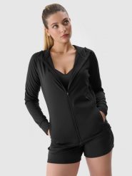 4F Bluza treningowa szybkoschnąca rozpinana z kapturem damska - czarna S. Czarne bluzy sportowe damskie 4f, s, bez wzorów, z dzianiny, z kapturem. W wyprzedaży za 99.99 zł.