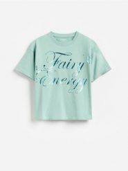 T-shirt z nadrukiem - ciemny turkus. Koszulki dziewczęce Reserved, bez wzorów, z bawełny, bez ramiączek. Za 27.99 zł.