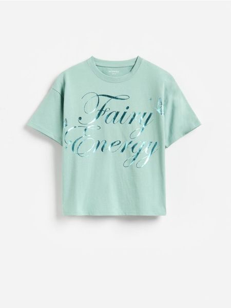 T-shirt z nadrukiem - ciemny turkus. Koszulki dziewczęce Reserved, bez wzorów, z bawełny, bez ramiączek. Za 27.99 zł.