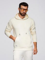 Męska bluza dresowa BASIC kangurka z kapturem - kremowa V11 - Rozmiar: M. Białe bluzy z kapturem męskie Ombre Clothing, m, z bawełny. Za 155.99 zł.