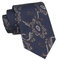 Klasyczny Krawat Męski CHATTIER - Granat w Brązowo, Beżowe Kwiaty. Niebieskie krawaty i muchy męskie Chattier, bez wzorów, z tkaniny, eleganckie. Za 49.00 zł.