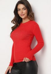 Czerwony Sweter Prążkowany z Cyrkoniami Romivra. Czerwone swetry klasyczne damskie Born2be, uniwersalny, z jeansu, bez kołnierzyka. Za 44.99 zł.