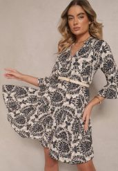 Beżowo-Czarna Bawełniana Sukienka o Rozkloszowanym Kroju w Ornamentalny Print Laniwea. Czarne sukienki damskie Renee, na co dzień, l, bez wzorów, z bawełny, bez kołnierzyka, bez ramiączek, mini, rozkloszowane. Za 59.99 zł.
