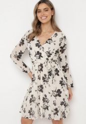 Biała Sukienka Mini z Falbanką i Gumką w Pasie Lisanor. Białe sukienki damskie Born2be, l, z aplikacjami, z materiału, bez kołnierzyka, bez ramiączek, mini, rozkloszowane. W wyprzedaży za 103.99 zł.